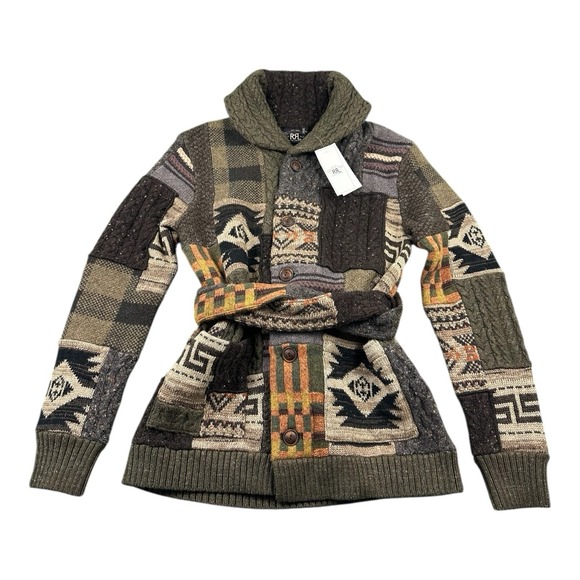 RRL Other - RRL Ralph Lauren Green Wool Linen Patchwork Men's Heavy Cardigan Size XXS NWT‎